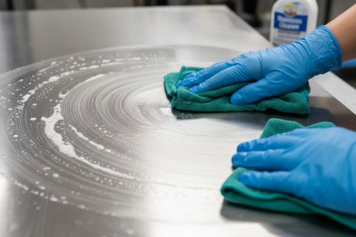 Stainless steel sheet surface cleaning and inspection before delivery.