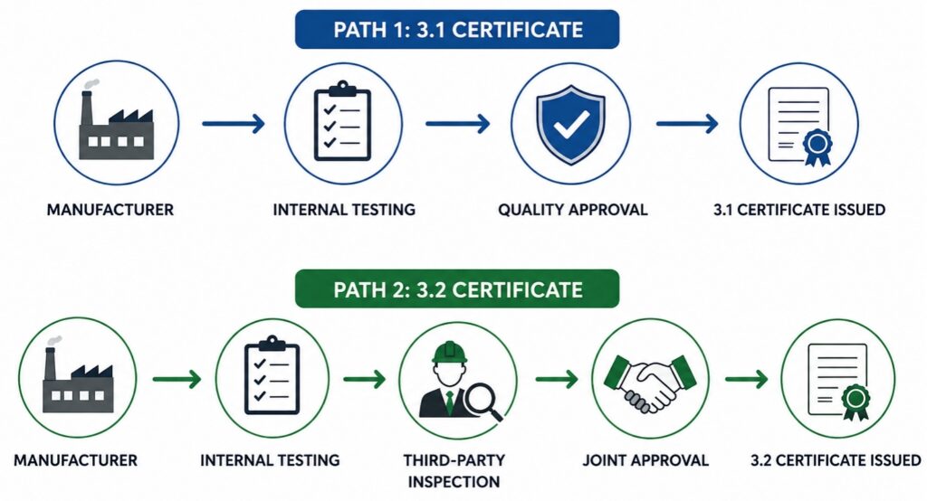 Inspection and certification flow for 3.1 and 3.2 type certificate