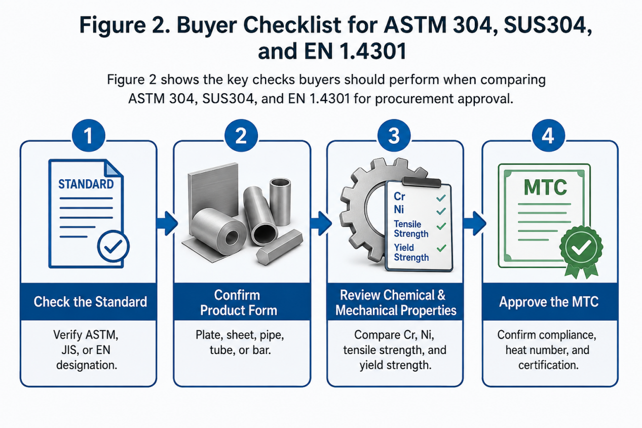 ASTM 304 SUS304 EN 1.4301 stainless steel grade comparison checklist