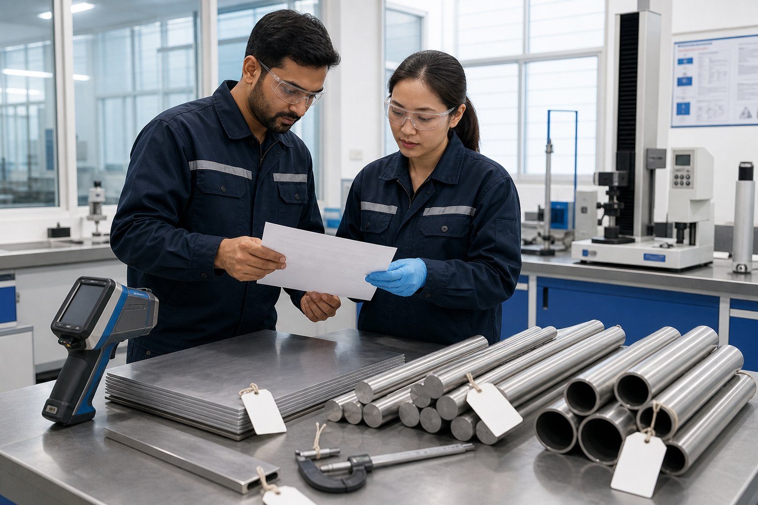 Stainless steel buyer reviewing an MTC with quality control engineer
