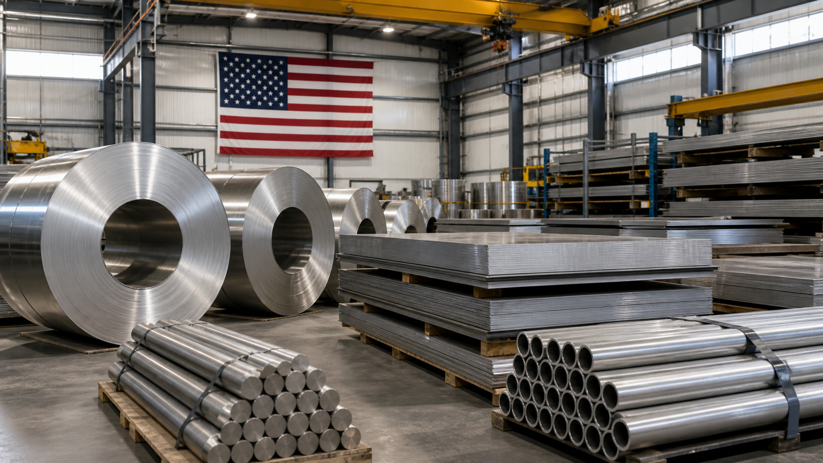 Stainless steel coils, plates, bars, and tubes with an American flag for North American project specifications