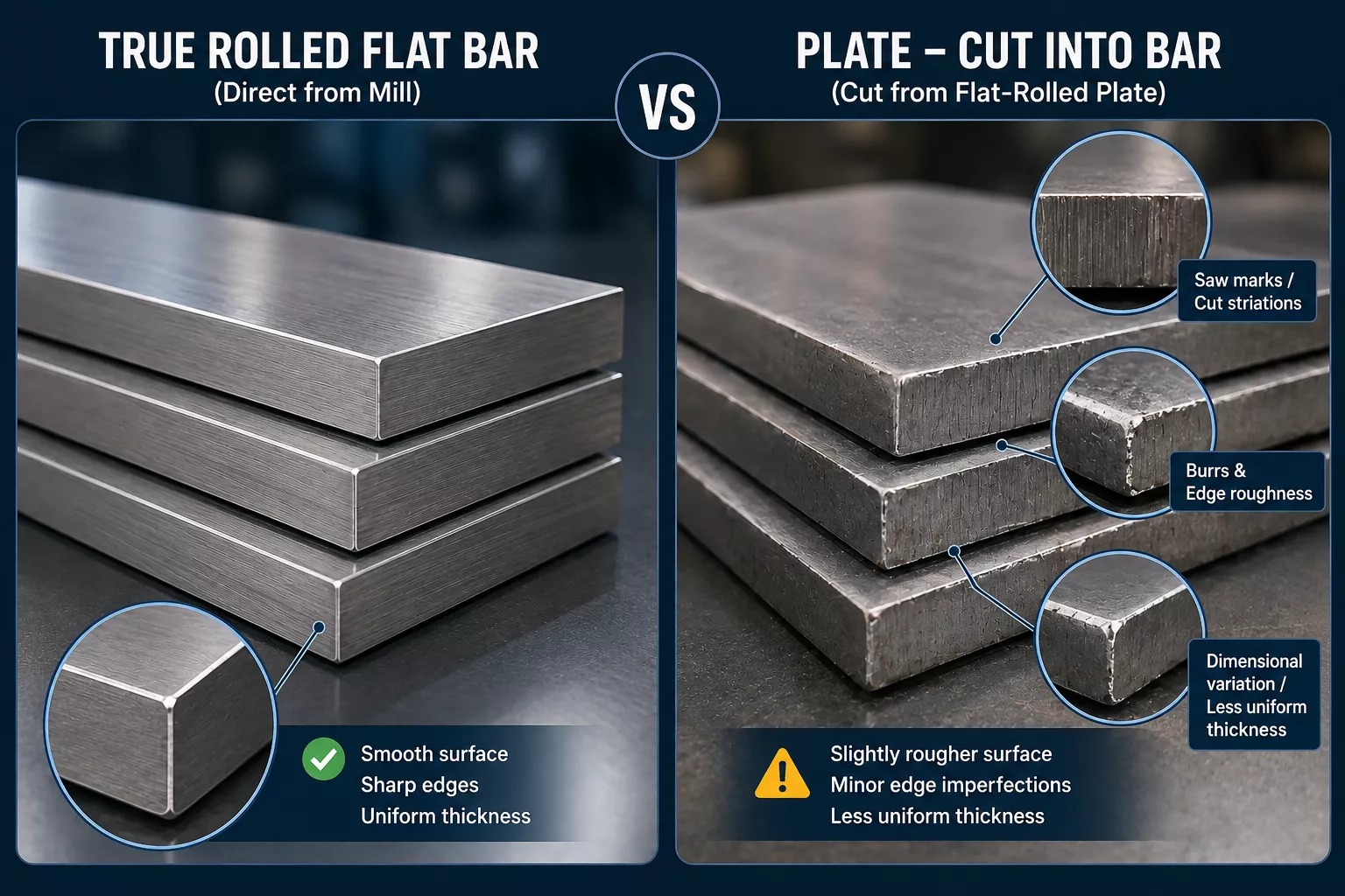 Comparison of representative true-rolled stainless steel flat bar and plate-cut flat bar edge conditions