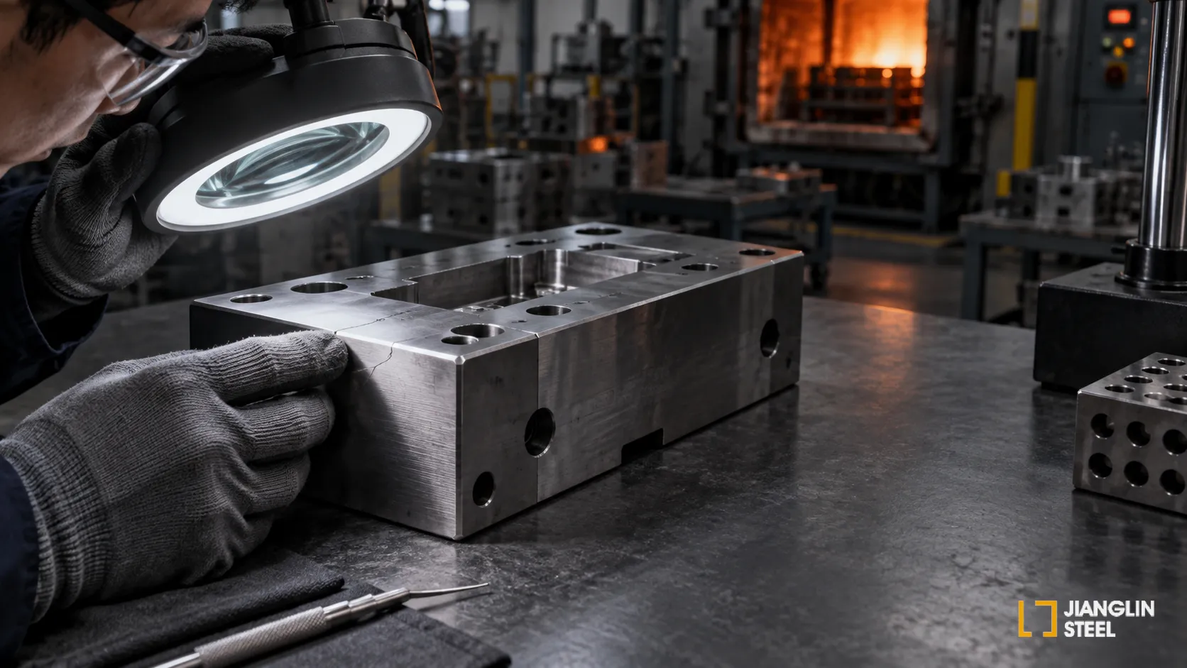 DC53 steel die insert being inspected for a heat-treatment crack