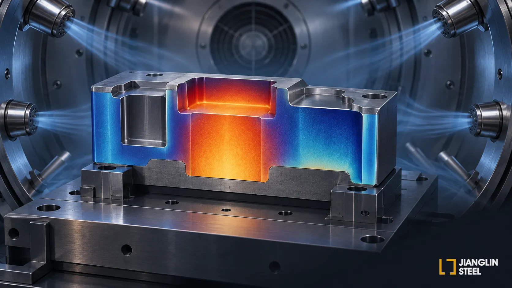 Illustration of uneven cooling and thermal stress in DC53 steel