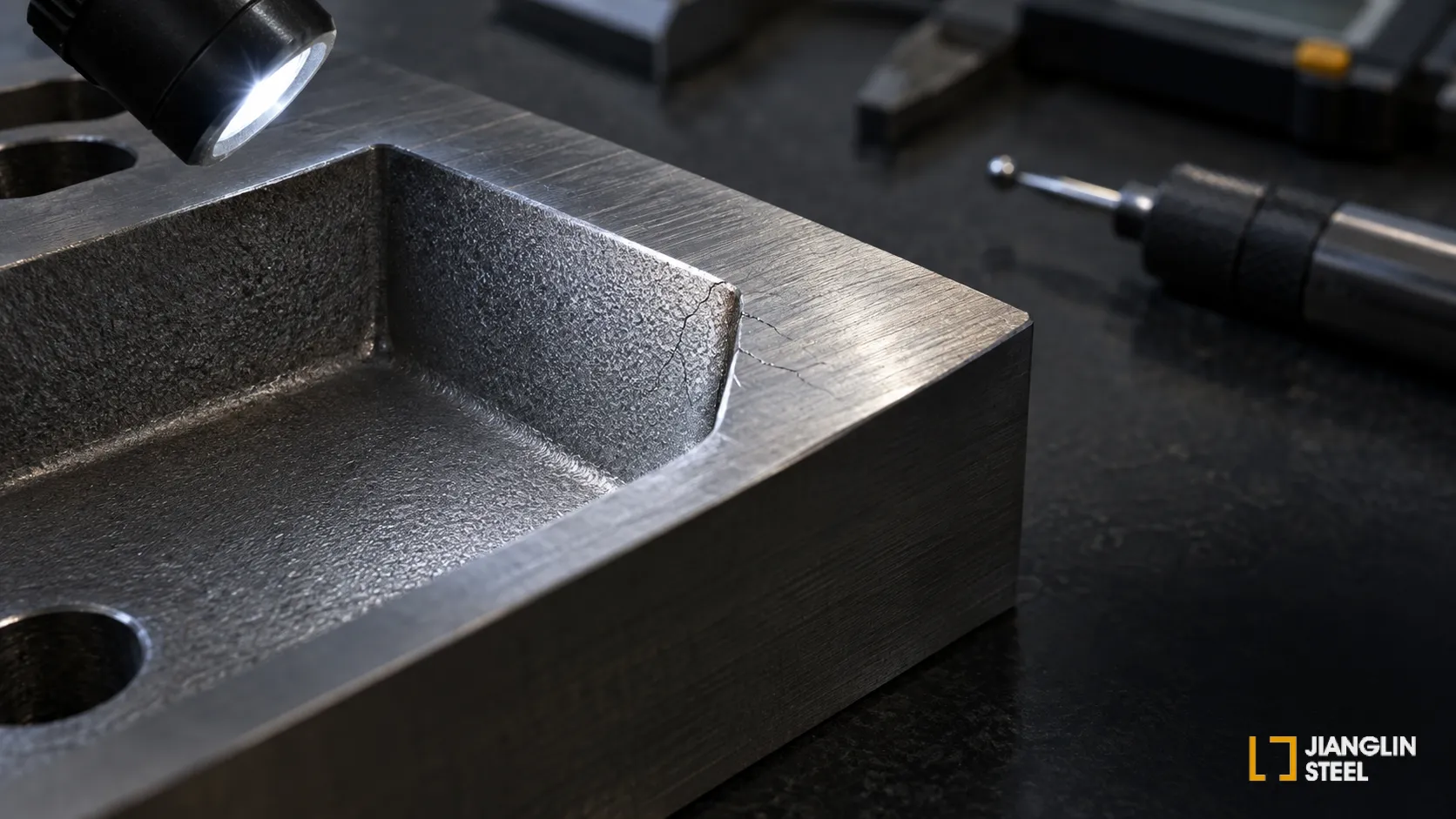 DC53 steel component showing EDM and grinding crack risk zones