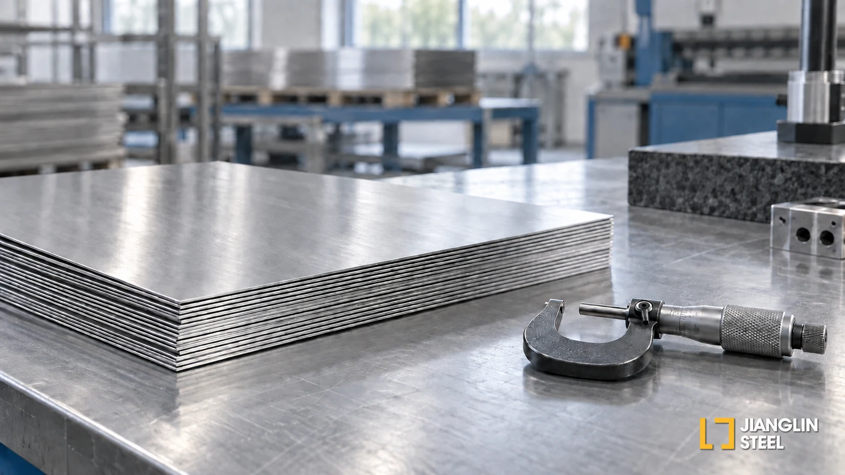 Stainless steel sheets and a micrometer on an inspection bench