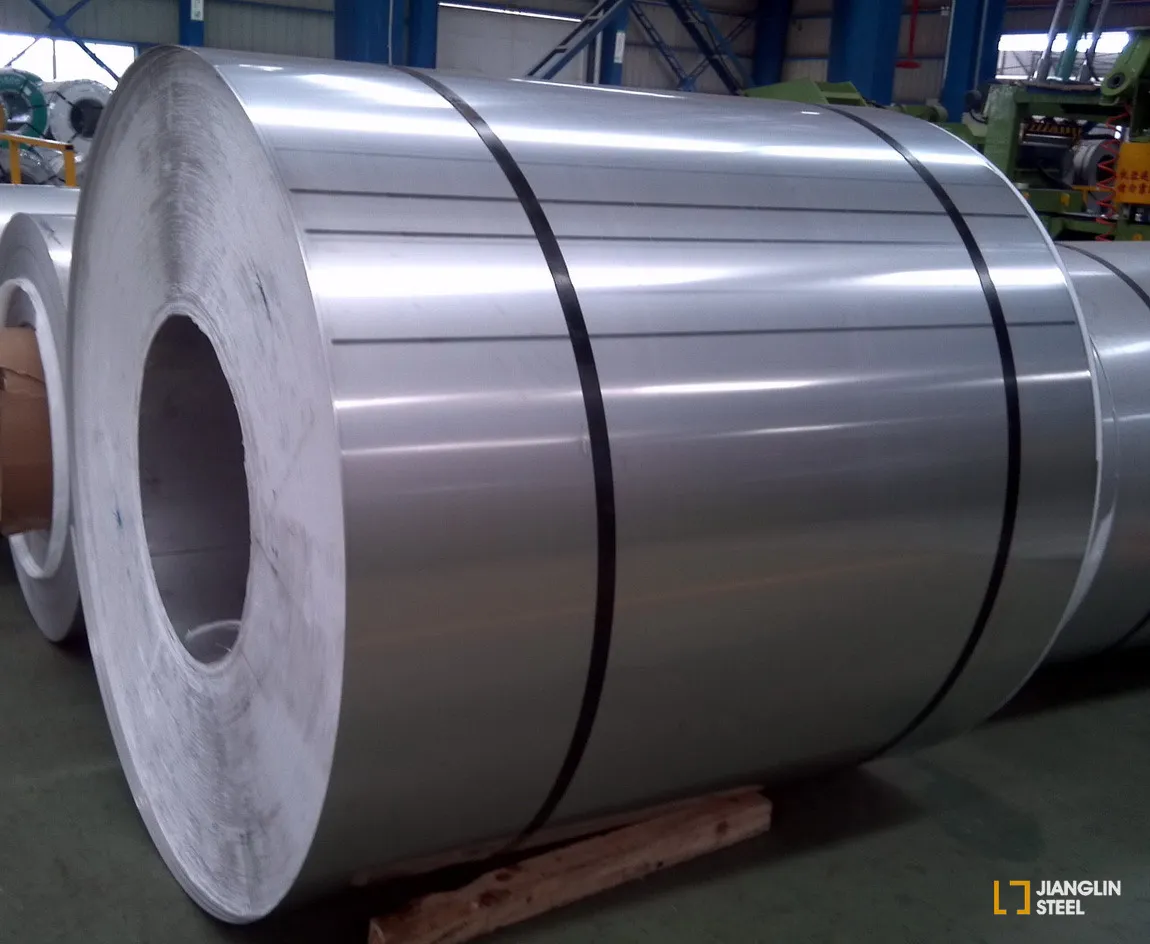 Large Jianglin stainless steel coil secured with two bands in a plant